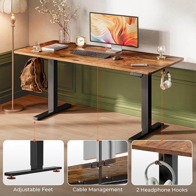 Huuger 63 x 28 Large Electric Standing Desk, Height Adjustable Computer Desk, 27.6" Deep Desktop, Stand up Gaming Office Table with 2 Hooks, 3 Preset Heights, for Home Office, Rustic Brown, 7021Z-1