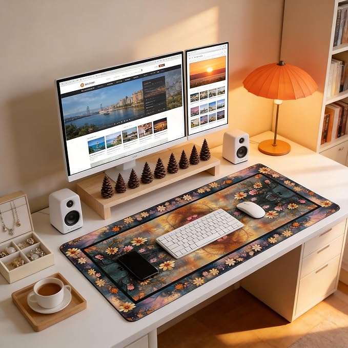 Floral Aesthetic Daisy Gaming Mouse Pad, Gold Blue Rug Desk Mat with Anti-Slip Base & Stitched Edges,35.4" x 15.7" in Table Mat for Computer Desktop, Beautiful Workstation Decor