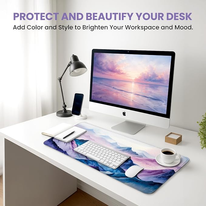 Aesthetic Desk Mat, Cute Distant Peaks Desk Pad Protector for Work & Decor, 35.4" x 15.7", Pretty Non-Slip Extended Mouse Pad for Office or Home
