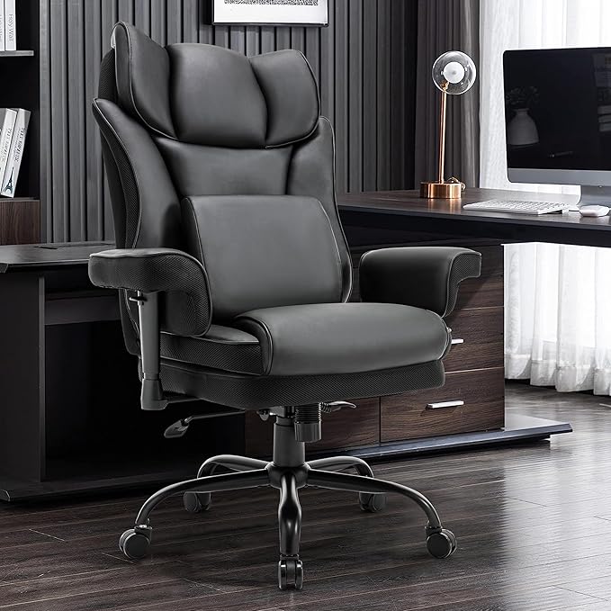 650lbs Big and Tall Office Chair with for Heavy People with Massage Lumbar Pillow, Heavy Duty Executive Desk Chair with Adjustable Padded Armrest & Lumbar Support for Adults 8 Hours Daliy Work