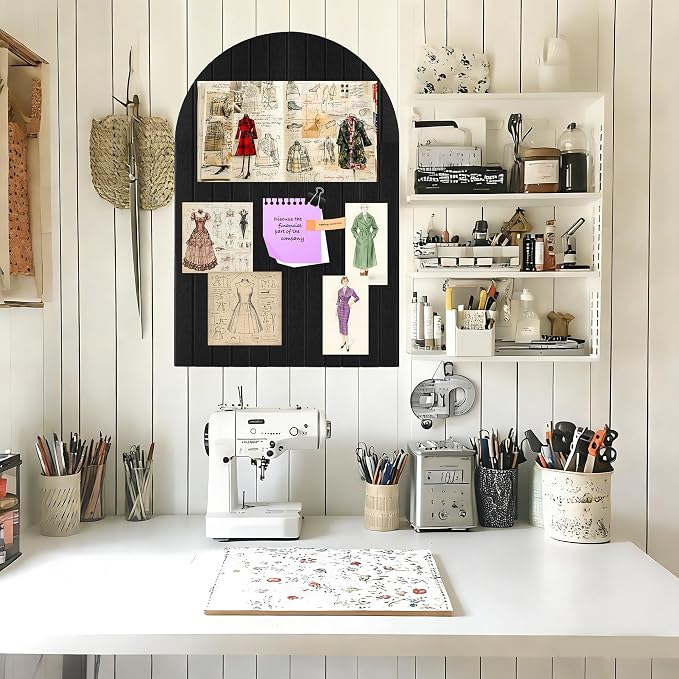 Large Arched Felt Bulletin Board-35 × 24" Stylish Black Cork Board | 6 Pieces Adhesive Panels with 60 Pins for Displaying Photos,Notes Alternative for Office and Home Wall Decor