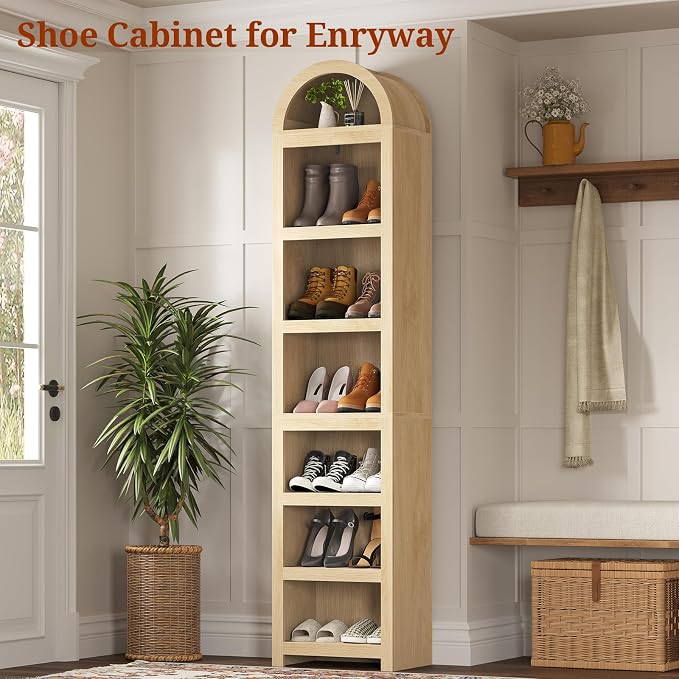 76" Tall Narrow Arched Bookcase,7-Teir Mid-Century Modern Bookshelf,Adjustable Shelves offering More Storage Space for Living Room,Kitchen,Home Office,Oak