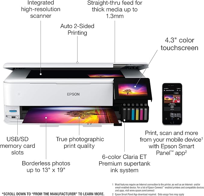 Epson EcoTank Photo ET-8550 Wireless Wide-format Color All-in-One Supertank Printer with Scanner Copier, Ethernet and 4.3-inch Colorfull Touchscreen