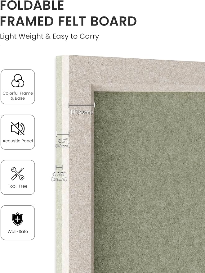 Fluxynara 23.6" x 17.1" Felt Frame Bulletin Board, Sage | Cork Board Alternative with 12 Removable Adhesive Tabs, Foldable Pin Board for Wall, Home, Office, Classroom & Dorm