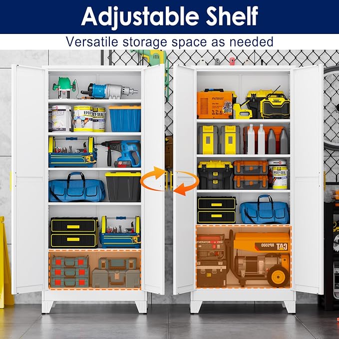 erosoei 75" H Metal Garage Storage Cabinet, Metal Pantry Cabinet with 2 Doors, Locker Steel Cabinet with 5 Adjustable Shelves, Freestanding Cupboard for Garage,Office,Home,Gym,School