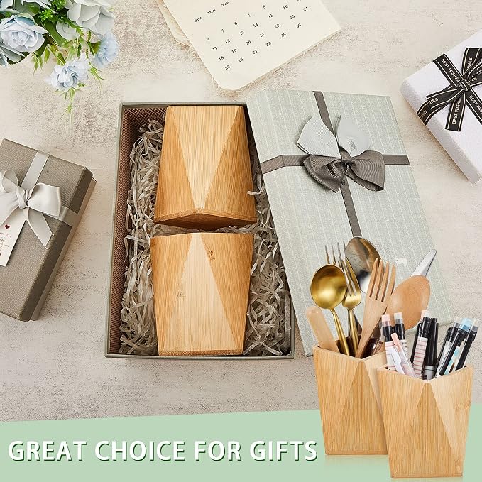 2 Pcs Bamboo Wood Pen Pencil Holder Geometric Pencil Cup Stand Makeup Organizer for Pen Holder Desk Home Office Adults(Bamboo)