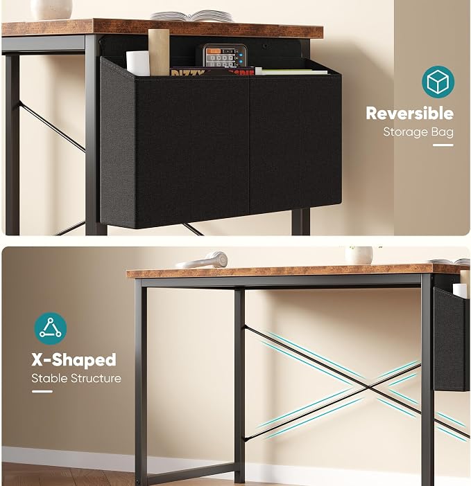 OLIXIS Computer Desk, 55 Inch Gaming Desks for Home Office Small Spaces | Writing Study Craft Work Table, Computer Workstation for Bedroom with Storage Bag, Rustic Brown