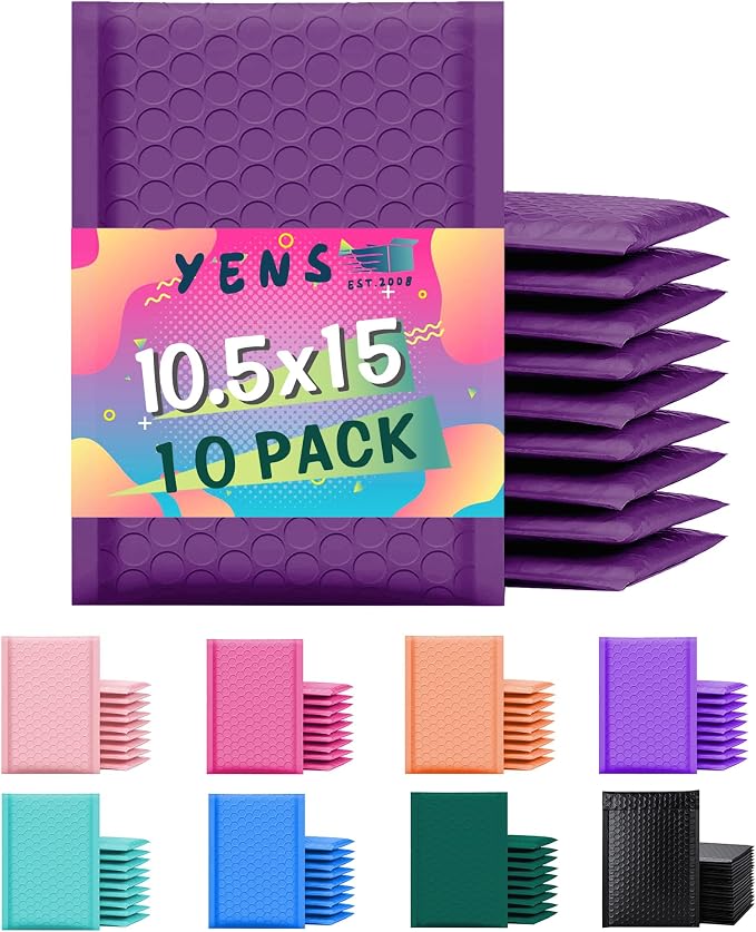 Yens Purple Poly Bubble Mailers 10.5x16 10 Pack Usable 10.5x15 | Waterproof Self Seal Adhesive Shipping Bags, Cushioning Padded Envelopes for Shipping, Mailing, Packaging