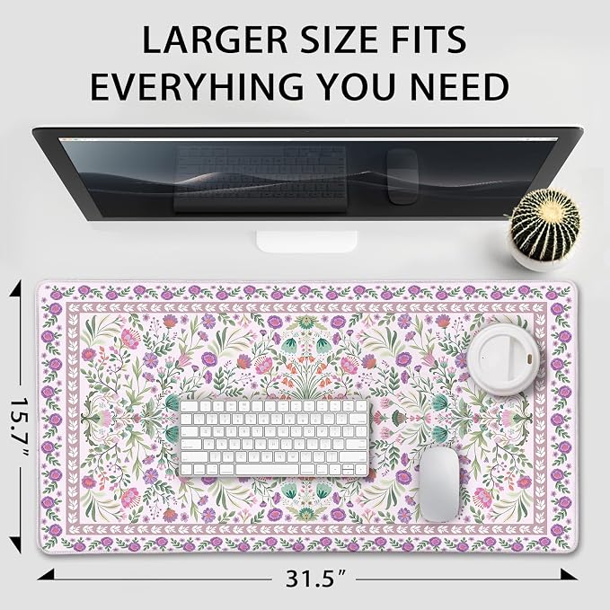 Purple Floral Desk Mat Large Mouse Pad 31.5"x15.7" Anti-Slip | Extended Mousepad, Non-Slip Rubber Base , Stitched Edges, for Computer/Laptop/Office/Home