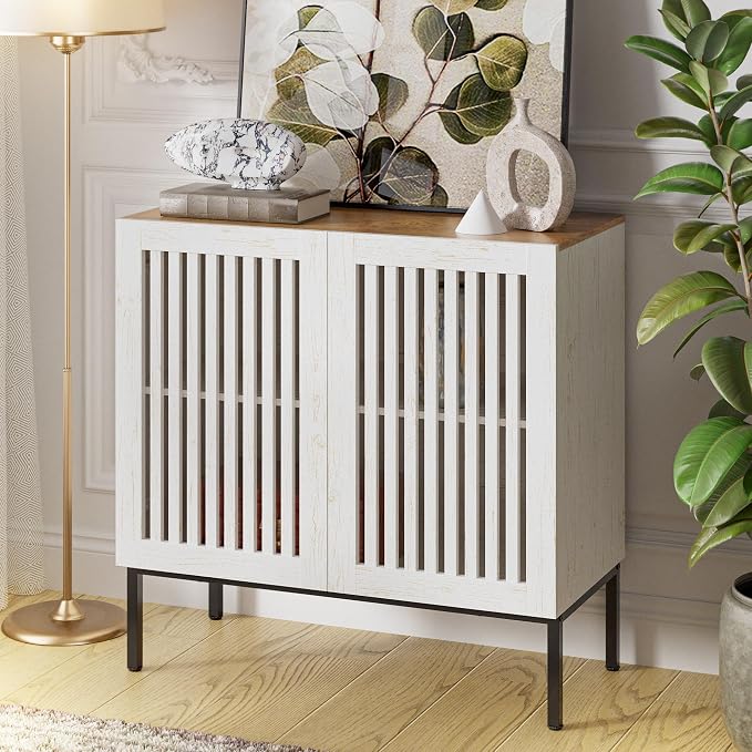 BVIUNTWO 31.5" Farmhouse Buffet Cabinet with Metal Base, Adjustable Shelf & 2 Doors, Antique White Storage Sideboard for Kitchen, Dining & Living Room
