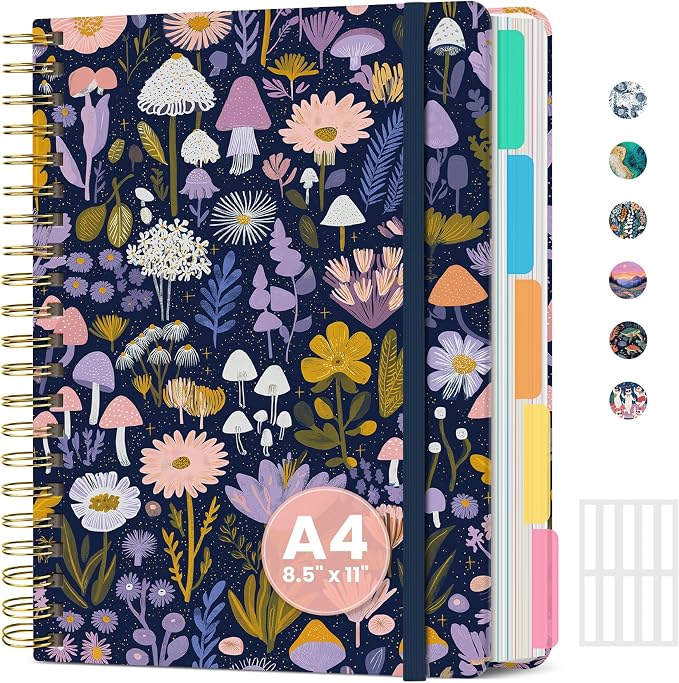 Large Spiral Notebook for Work, 8.5" x 11" Journal for Women, Cute 5 Subject Notebook with Removable Dividers & Tabs, College Ruled Lined Journal for Office and School, 280 Pages, Mushroom Garden