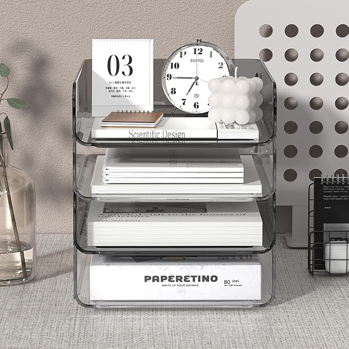 4-Tier Acrylic Paper Tray Organizer | Clear Stackable Desk Organizer for Documents, Letters, A4 Paper | Modern Office/Classroom/Home Organization,Clear&Brown