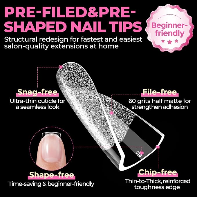 UNA GELLA Extra Short Square Nail Tips, 504PCS Sharp Square Press On Nails | XS Sharp Square Soft Gel Full Cover False Nails, 12 Sizes Pre-Etched Acrylic Nail Tips for French Style DIY Salon at Home