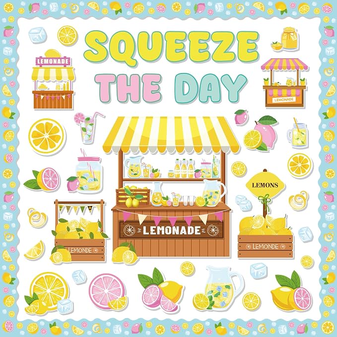 Wxiben Lemon Bulletin Board Decorations, Lemonade Stand Classroom Decor | Squeeze The Day Cutouts Summer Bulletin Board Set, Back to School Office Wall Decorations Supplies