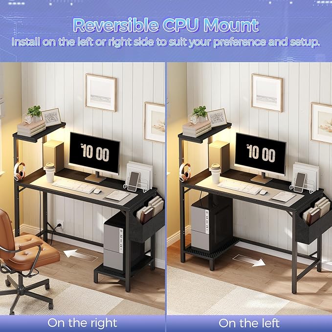 Gaming Desk, Computer Desk with Charging Station and LED Light, Small PC Desk with Side Storage Bag and Shelves, 2 Hooks, for Living Room, Home Office, Bedroom Black CDHS134E01