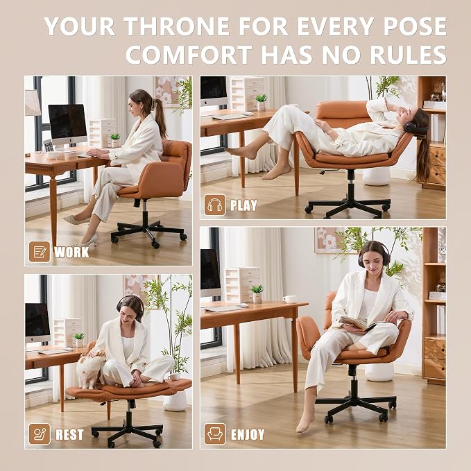 Criss Cross Chair with Flip-Up Arms & Swivel Wheels, Vanity Chair with Adjustable Height & Side Pockets, Comfortable Wide Seat Reclining Computer Office Desk Chairs for Home Office, Make Up, Bed Room