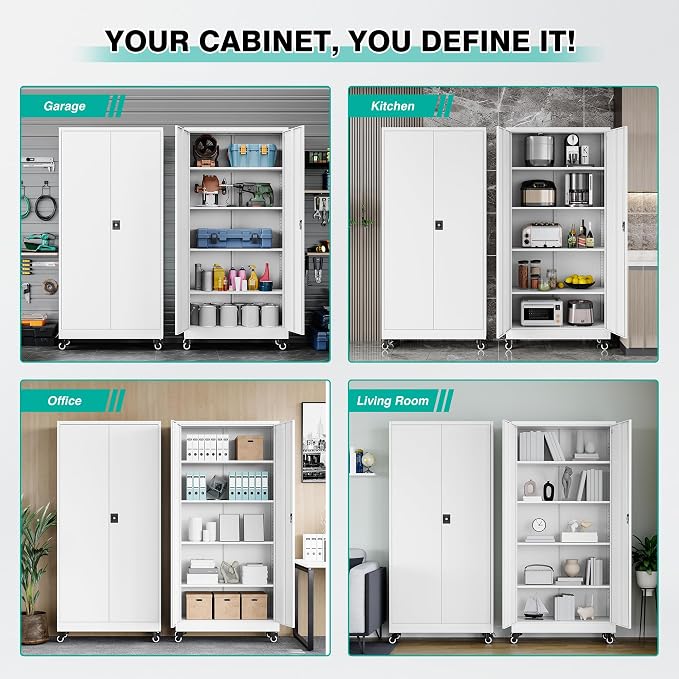 75" Tall Metal Storage Cabinet with Wheels,Rolling Garage Storage Cabinet with Lock,White Metal Cabinets with Wheels and Shelves,Tool Cabinets on Roller for Garage,Home,Office,Shop