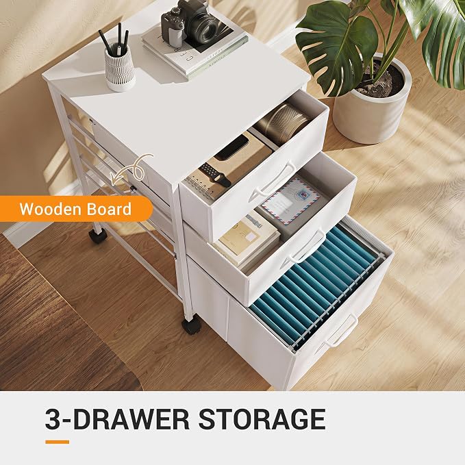 DEVAISE Mobile File Cabinet, Rolling Printer Stand with 3 Drawers, Fabric Vertical Filing Cabinet fits A4 or Letter Size for Home Office, White