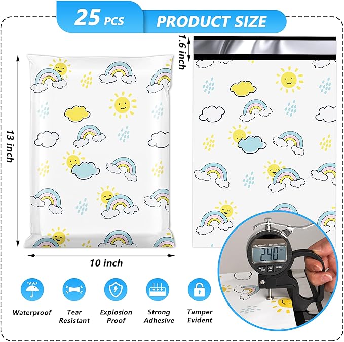 Poly Mailer 10x13 Inch 25 Pcs, Waterproof and Tear-Resistant Shipping Bags for Clothing, Strong Mailing With Self-Seal, Cute Packaging for Small Business - Rainbow Printed