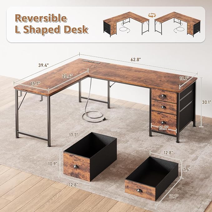Furologee 63" L Shaped Desk, Office Corner Desk with Power Outlets, Brown | 2 Drawers & File Cabinet, USB & Type-C, Reversible Design, 2 Headphone Hook, Sturdy Frame, Computer Table for Gaming, Study