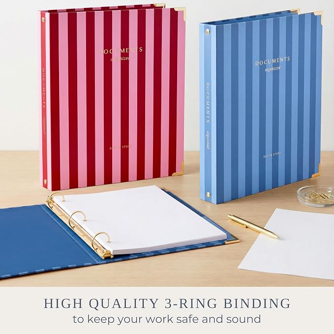 Aesthetic 3 Ring Binder Set of 2 - Sturdy 1 Inch Binder Fits Letter Sized Paper - Striped Three Hole Ring Holder for Women or Men with Pocket Easily Organizes Your Paperwork for School, Office or Work