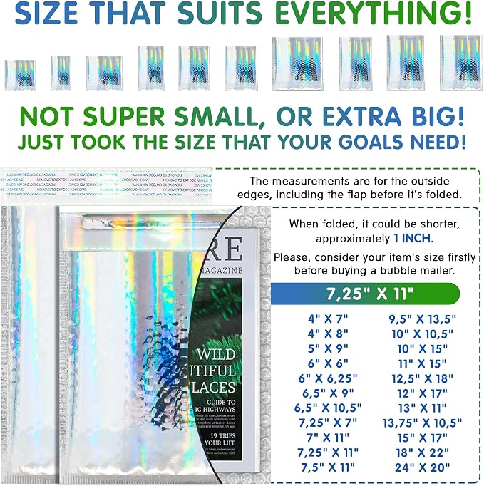 Glamour Metallic Bubble Mailers 8,5 x 11 Inches Hologram, 200 Pack Padded Envelopes for Shipping, Mailing, Packaging Protection