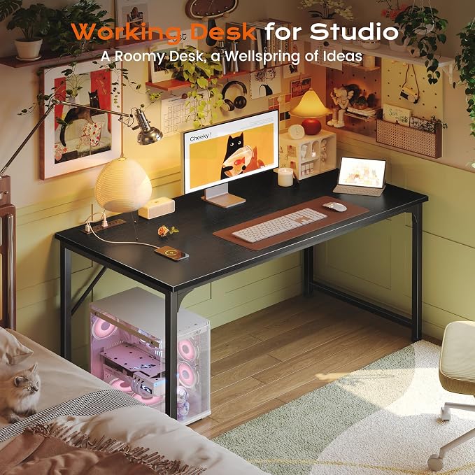 47 X 24 Inch Deeper Desk with Power Outlets | Computer Desk for Bedroom, Office Desk for Work from Home, Writing Study Gaming Table, Stable Metal Frame, Black