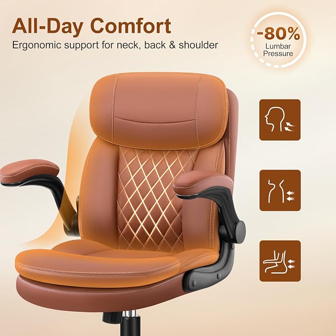 HeroSet Leather Office Chair with Upgraded Double-Layer Seat Cushion and Neckrest for Short People, Brown