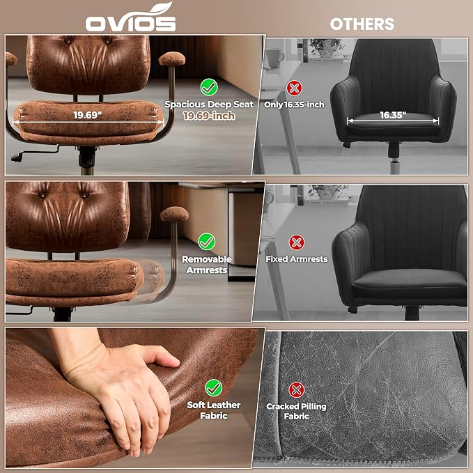 ovios Home Office Chair with Thick Cushion, Mid-Century Modern Faux Leather Ergonomic Chairs, Mid Back Swivel Rolling Computer Executive Armchair (Dark Brown, Suede Leather)