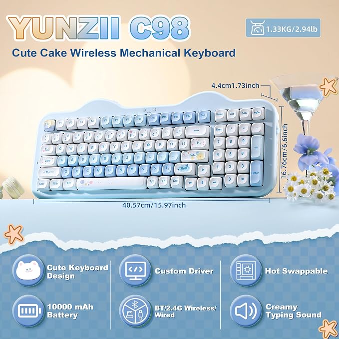 YUNZII C98 Cute Cake Wireless Mechanical Keyboard(Blue, Milk Switch) | 99 Keys with Number Pad, Hot Swap, PBT MOA Keycaps, BT5.0/2.4G/USB-C, Gasket Mount, Custom RGB Backlit for Win/Mac