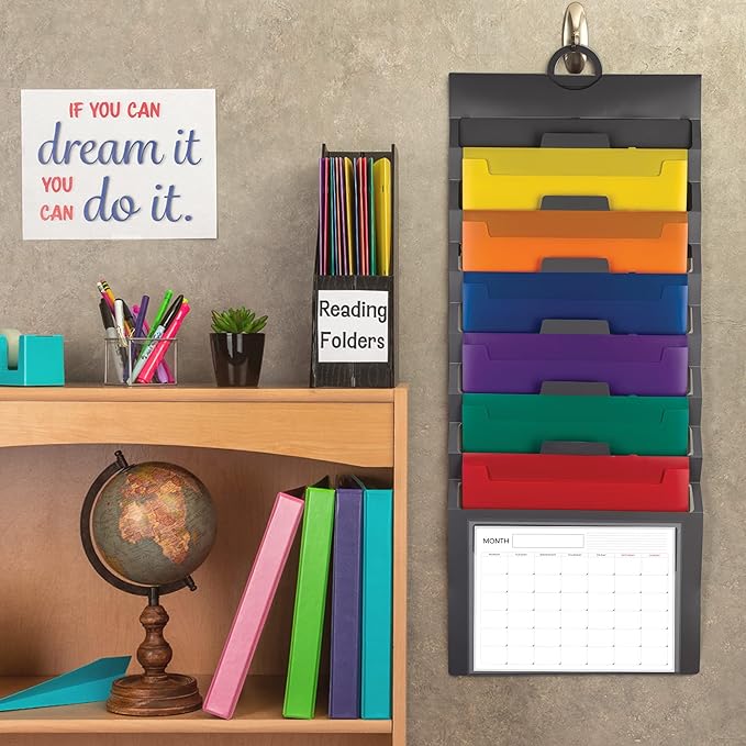 Samsill Cascading Wall File Organizer, Classrom Organization and Storage, 6 Removable Poly Hanging File Folders, Command Center Wall Organizer, Gray with Assorted Color Folders