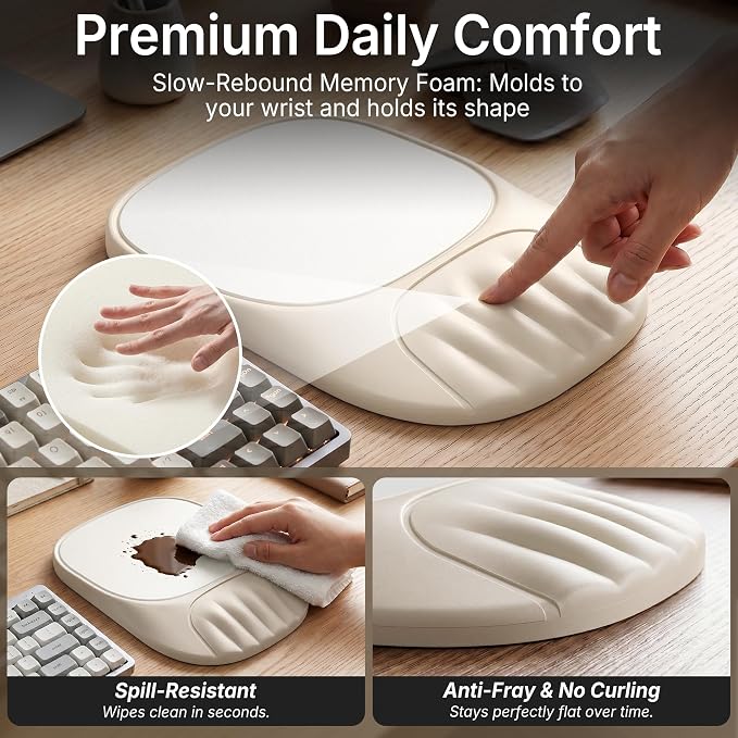 Ergonomic Mouse Pad with Wrist Rest, Sloped Memory Foam Mousepad with Wrist Support, Cooling Channels, Non-Slip Base, Smooth Lycra Surface for Office, Gaming & Home Desk (Oatmeal)