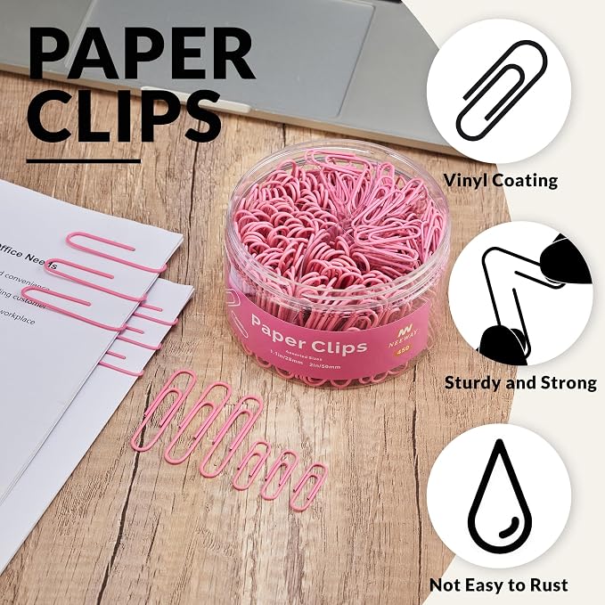 NEEWAY 450pcs Paper Clips Assorted Sizes, Small and Large Paper Clips (1.1 inch, 2 inch), Coated Paperclips for Office School Document Organizing (Rose Pink)