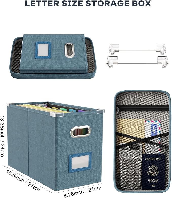 File Organizer Box with Lid, Hanging Filing File Box with Mesh Pocket, Document Organizer Box for Letter Files, Portable Storage Box with Smooth Sliding Rail for Office&Home (1 PCS, Dark-blue)
