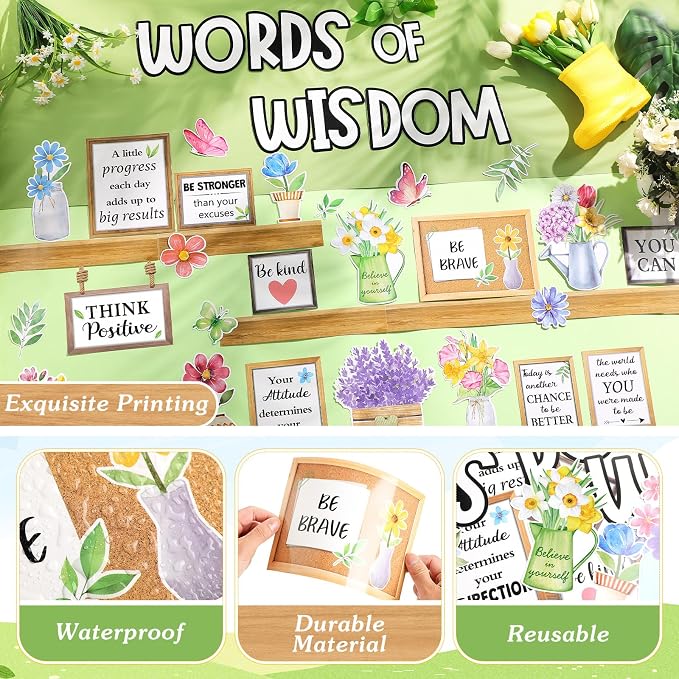 Mooliwe 57 Pcs Spring Bulletin Board Set Motivational Flower Cutouts | Positive Quotes with Floral Designs, Classroom Wall Decor for Teachers, Inspirational Cutouts for School Office Decoration