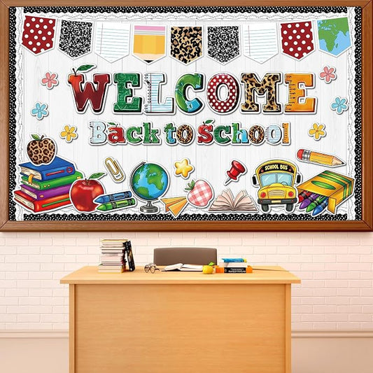 Welcome Back to School Bulletin Board Decoration Set Composition Notebook Classroom Decor Motivational Pencil Crayon Bus Paper Cutouts for First Day of School Office Wall Door Teacher Supplies