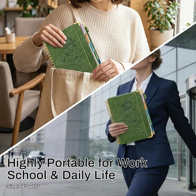 Hardcover Spiral Notebook with 5 Removable Dividers Tabs 300 Pages Leather 5 Subject Notebook College Ruled 8"x10" Large B5 Notebooks for Work School Note taking Lined Journal for Women, Green