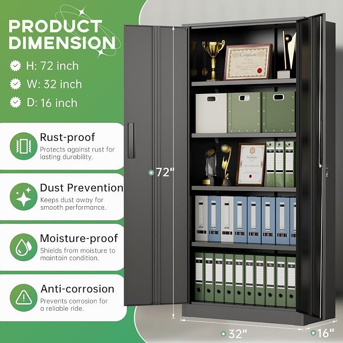 Metal Storage Cabinet with Lock, 72" H Lockable Metal Storage Cabinet with Locking Doors, Steel Storage Lockers with Adjustable Shelves for Office, Home, Garage, Gym, School (Black)