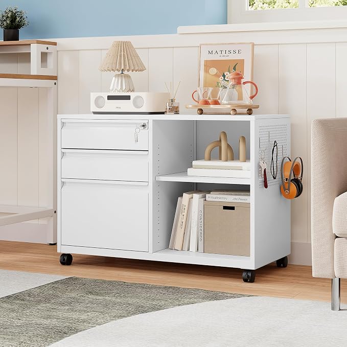 MIIIKO 3 Drawer File Cabinet with Lock, Metal Lateral Rolling Printer Stand Filing Cabinets for Home Office Storage,A4, Letter,File Folders(White)
