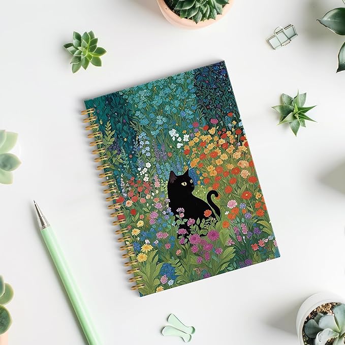 Wildflower Black Cat Spiral Notebook, Black Cat Gifts Journal, Cats Lovers Mom Lady Gifts Journal Notebook, 5.5x8.3 Inch