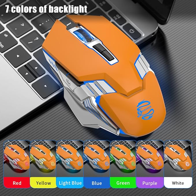 Bluetooth Wireless Gaming Mouse, 2400 DPI, RGB Backlit, Rechargeable Cordless Computer Mouse for Laptop PC Mac Macbook Air/Pro iPad Chromebook Office Gamer - Orange | BT5.0/BT3.0+2.4G connection, RGB backlight & quiet click, for gaming office, compatib...