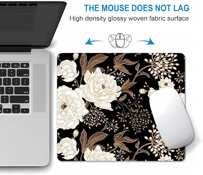 Peonies and Roses Floral Mouse Pad, Square Vintage Gold and White Flowers Computer Mouse Pads with Design Washable Mouse Mat, Gaming Office Home Non-Slip Rubber Base Mousepad, 9.5x7.9 inch