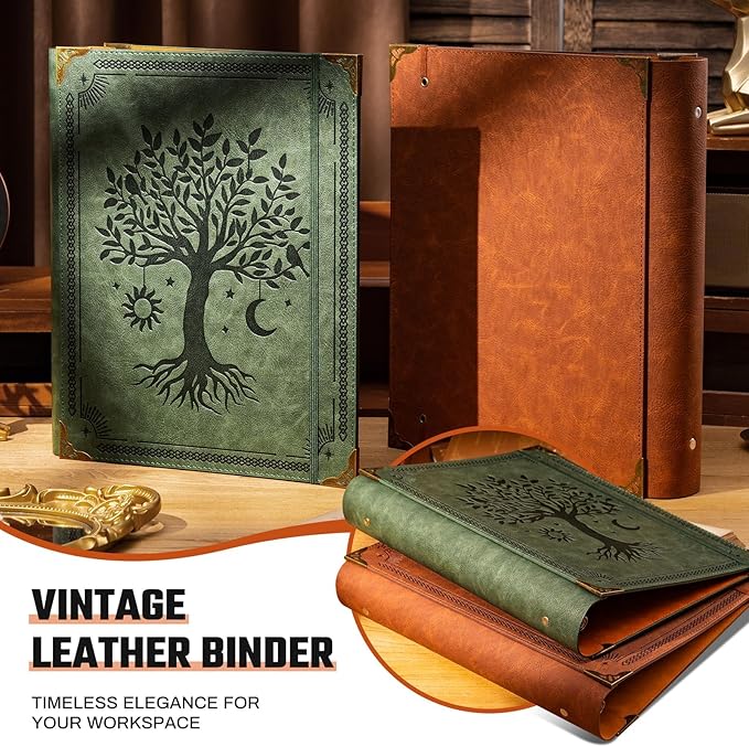 PU Leather 3 Ring Binder Fits 8.5"x11" Letter Size Paper, 2 Inch Round Ring Binder Holds 500 Sheets, Notepad Paper Cover Loose Leaf Organizer, Brown Tree