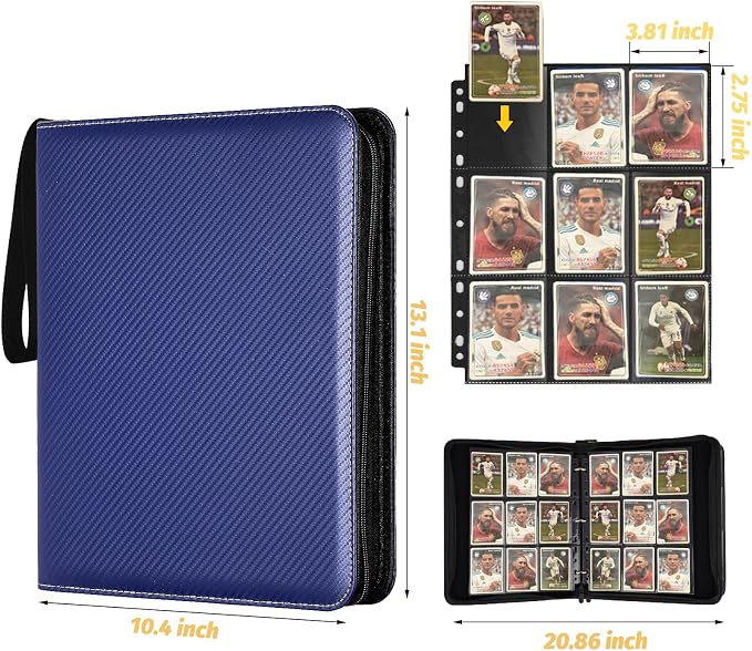 GERMUN 3 Ring 9 Pocket Zipper Card Binder, 720 Double Sided Standard PU Trading Card Album Folder for TCG & Sports Cards, Not Fit Top Loaders (Blue)