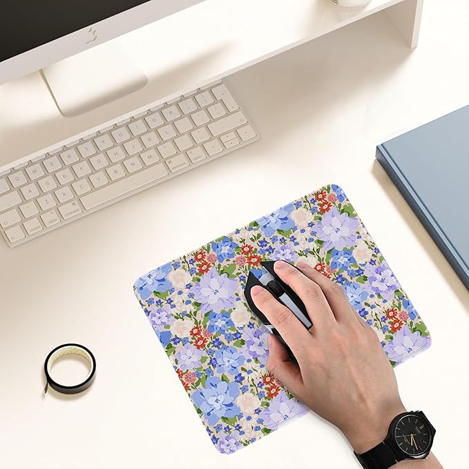 Premium Stitched Mouse Pad 10.2 x 8.3 in | Smooth, Washable Desk Mat with Non-Slip Base | Personalized Cute MousePads for Gaming,Work,Laptop, Computer, Office, Home (Violet-Blue Blossom Patch)
