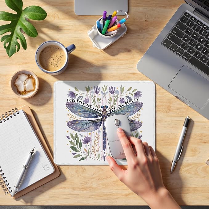 Floral Dragonfly Mouse Pad, Inspirational Together We Find Joy and Beauty Mouse Pads Mousepad for Desk Home Office Dorm Computers Laptop, Aesthetic Office Supplies Desk Accessories, 9.5x7.9 Inch
