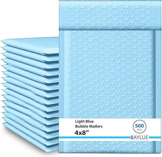 Light Blue Small Bubble Mailers 4x8 Inch #000 | Thick Padded Poly Bubble Mailer Envelopes | Trading card sports Card Bubble Envelopes | Mailing Envelopes | Water & Tear Resistant | 500 Pack Bulk