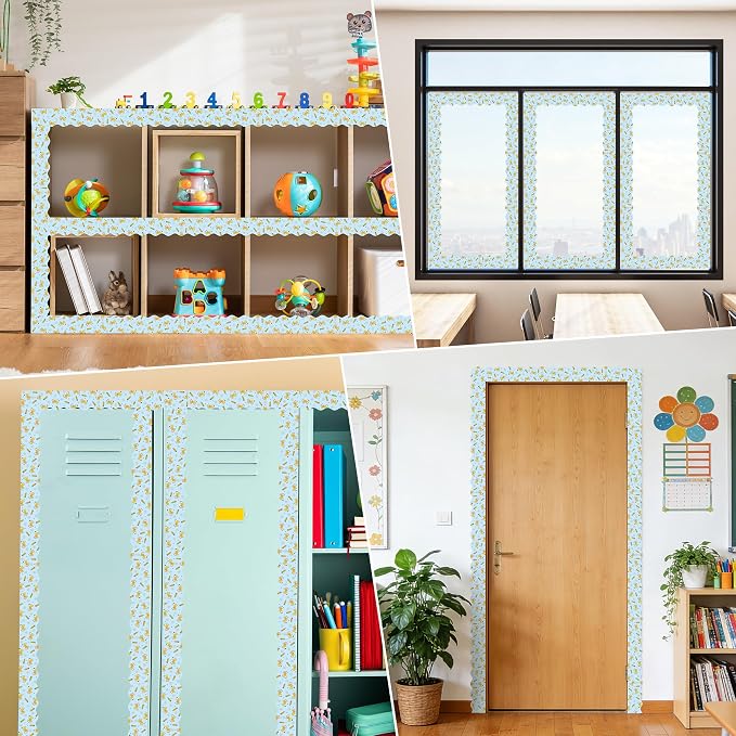 BeYumi Pencil Bow Border Trim - 65ft Back to School Blue Pencil Bow Scalloped Rolled Border Trim Pencils Bowknot Coquette Bulletin Board Set School Classroom Office Chalkboard Party Holiday Wall Decor