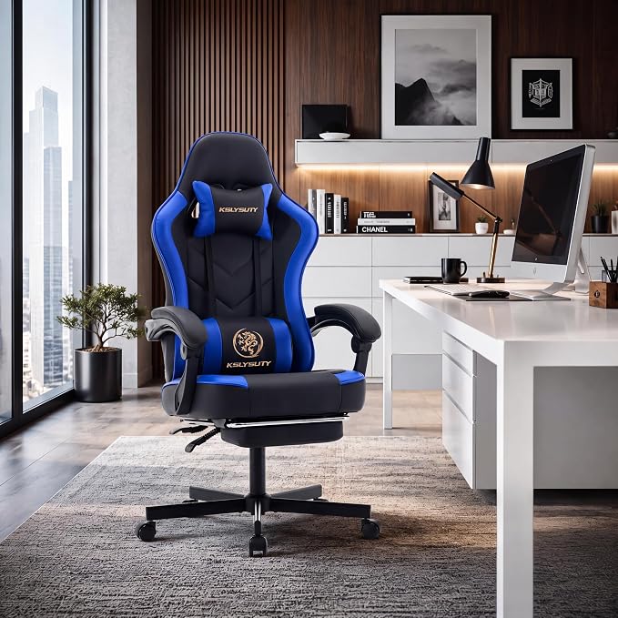 Desk Computer Gaming Chair - High Back Ergonomic Office Chair with Footrest and Lumbar Support, Swivel Comfy Home Gamer Video Game Chairs with Pocket Spring Cushion for Adults (Blue Leather)