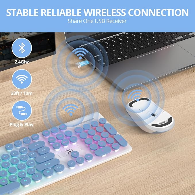 Backlit Wireless Keyboard and Mouse, 2.4GHz Light Up Typewriter Rechargeable Cordless Quiet Keyboard with USB Receiver for PC/Laptop (Blue)